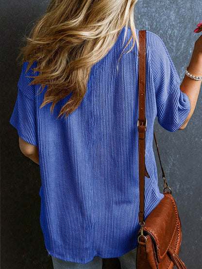 Women’s Ribbed V Neck Short Sleeve Pocket Tee