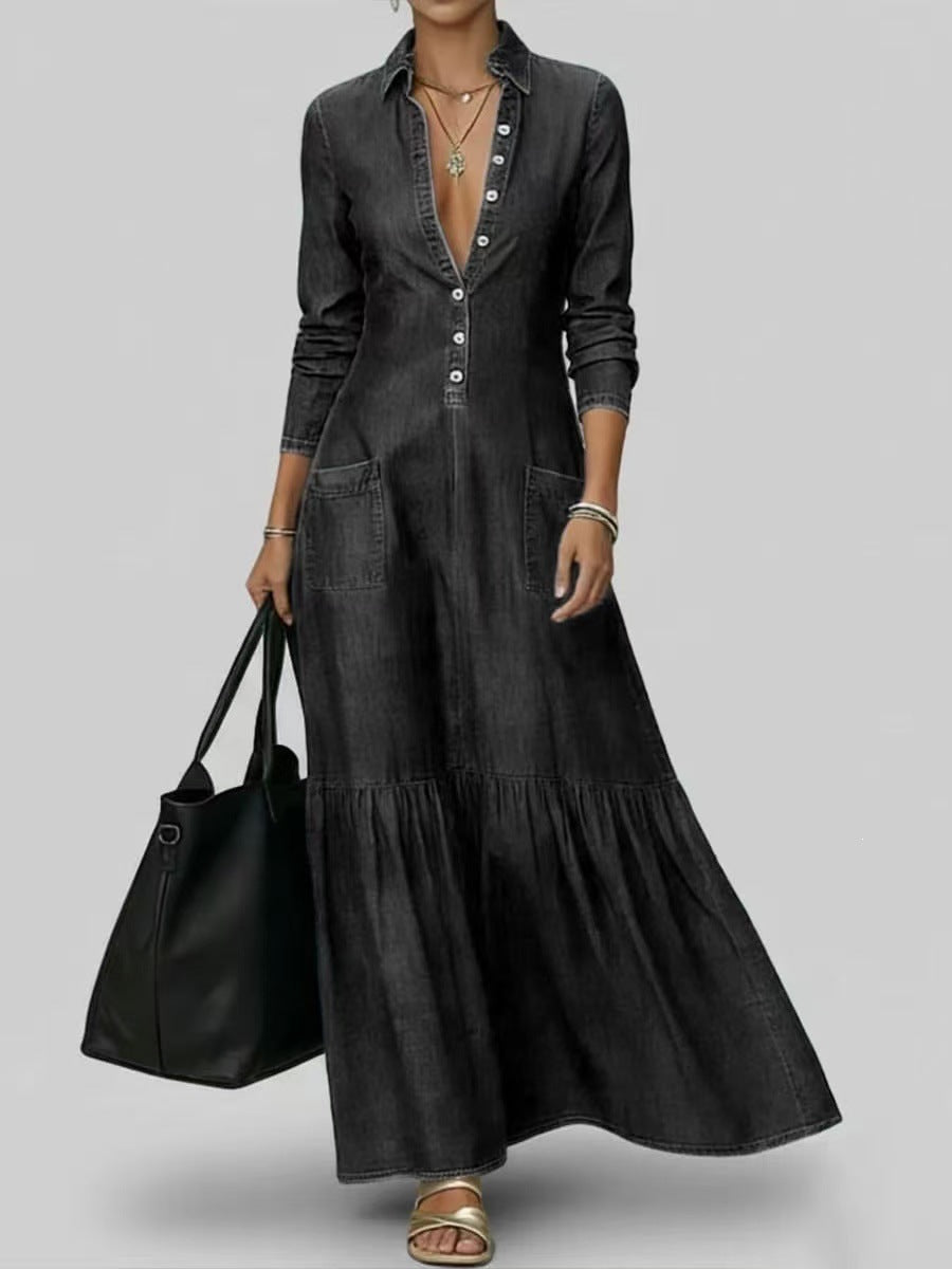 Vintage Denim Shirt Dress Button Front Maxi Collar