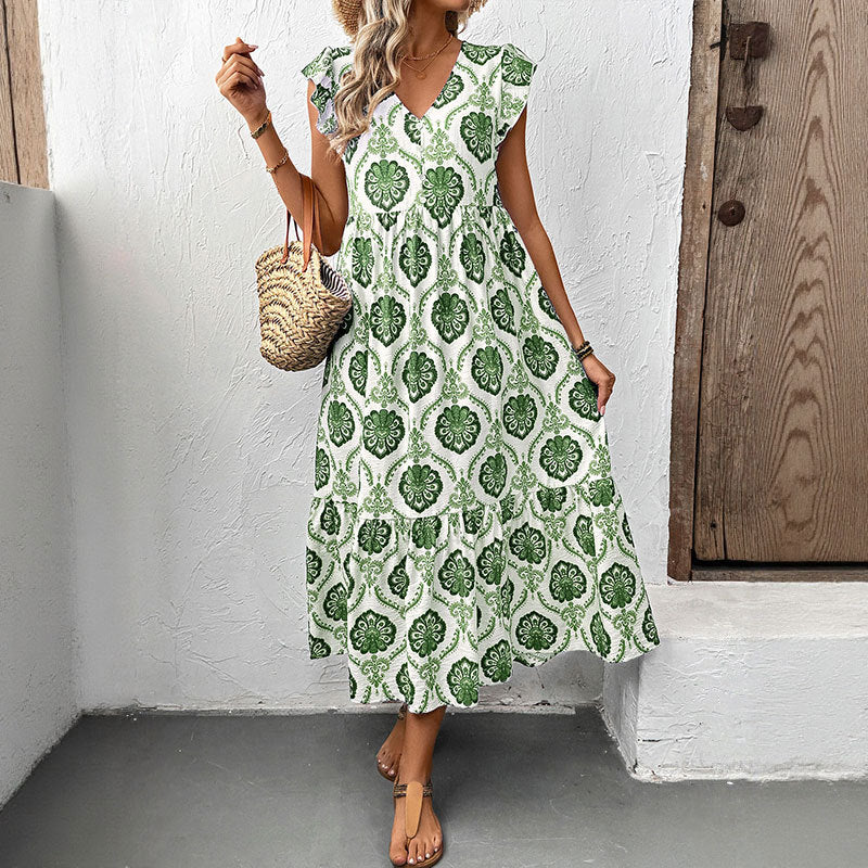 Boho Geometric Print Flutter Sleeve Midi Dress