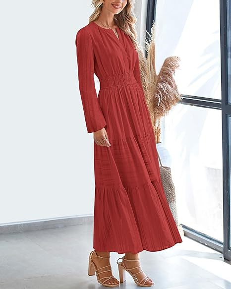 Women's V-Neck Long Sleeve Tiered Maxi Smocked Cotton Dress