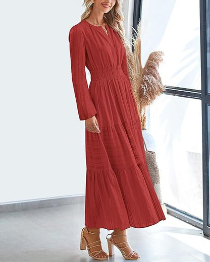 Women's V-Neck Long Sleeve Tiered Maxi Smocked Cotton Dress
