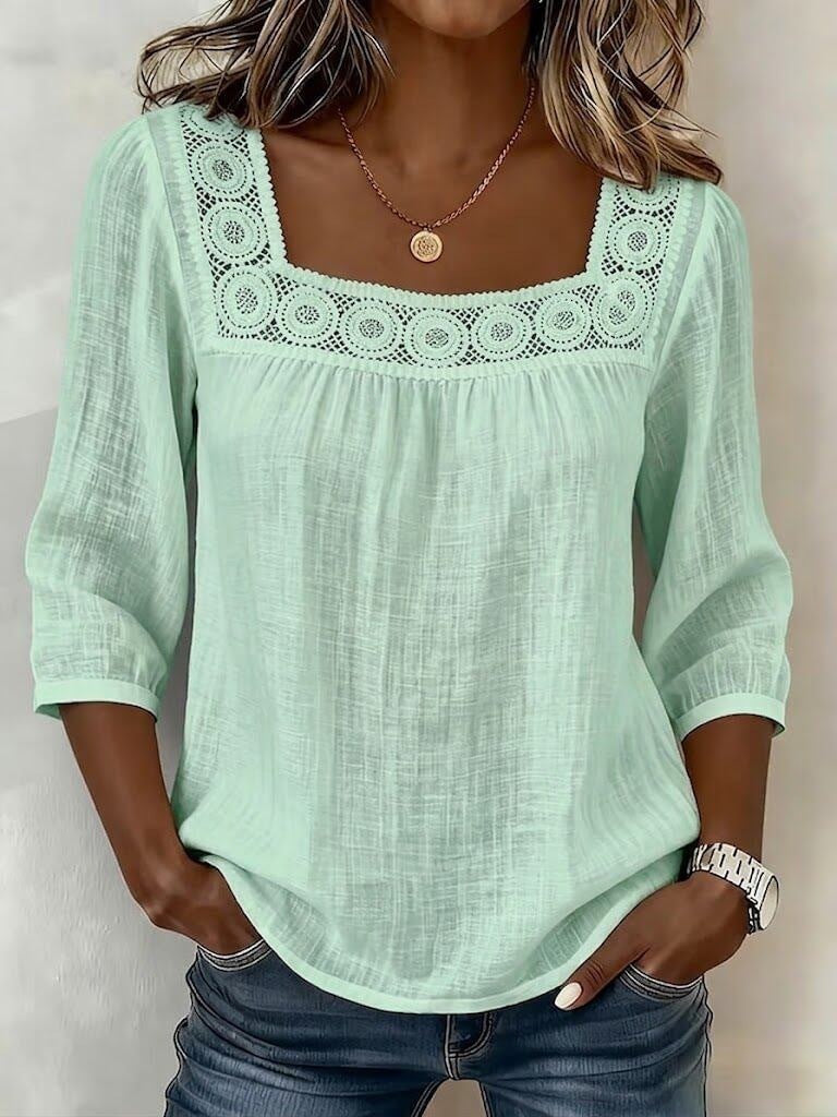 Women's Square Neck Eyelet Lace 3/4 Sleeve Summer Blouse