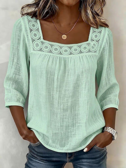 Women's Square Neck Eyelet Lace 3/4 Sleeve Summer Blouse