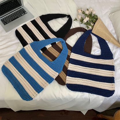 Women's Striped Knitted Bag Hollowed Out Handbag Shoulder Bag Crochet Knitting Beach Bag