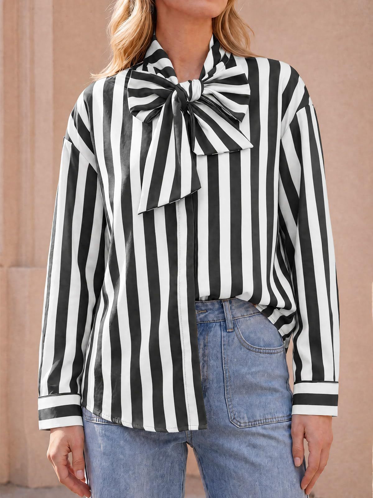 Women's Striped Tie Neck Long Sleeve Blouse Casual