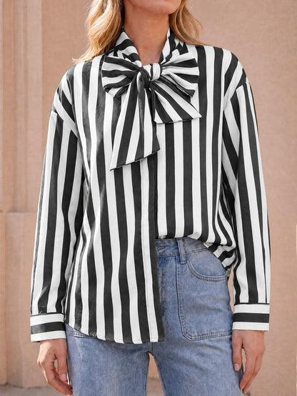 Women's Striped Tie Neck Long Sleeve Blouse Casual