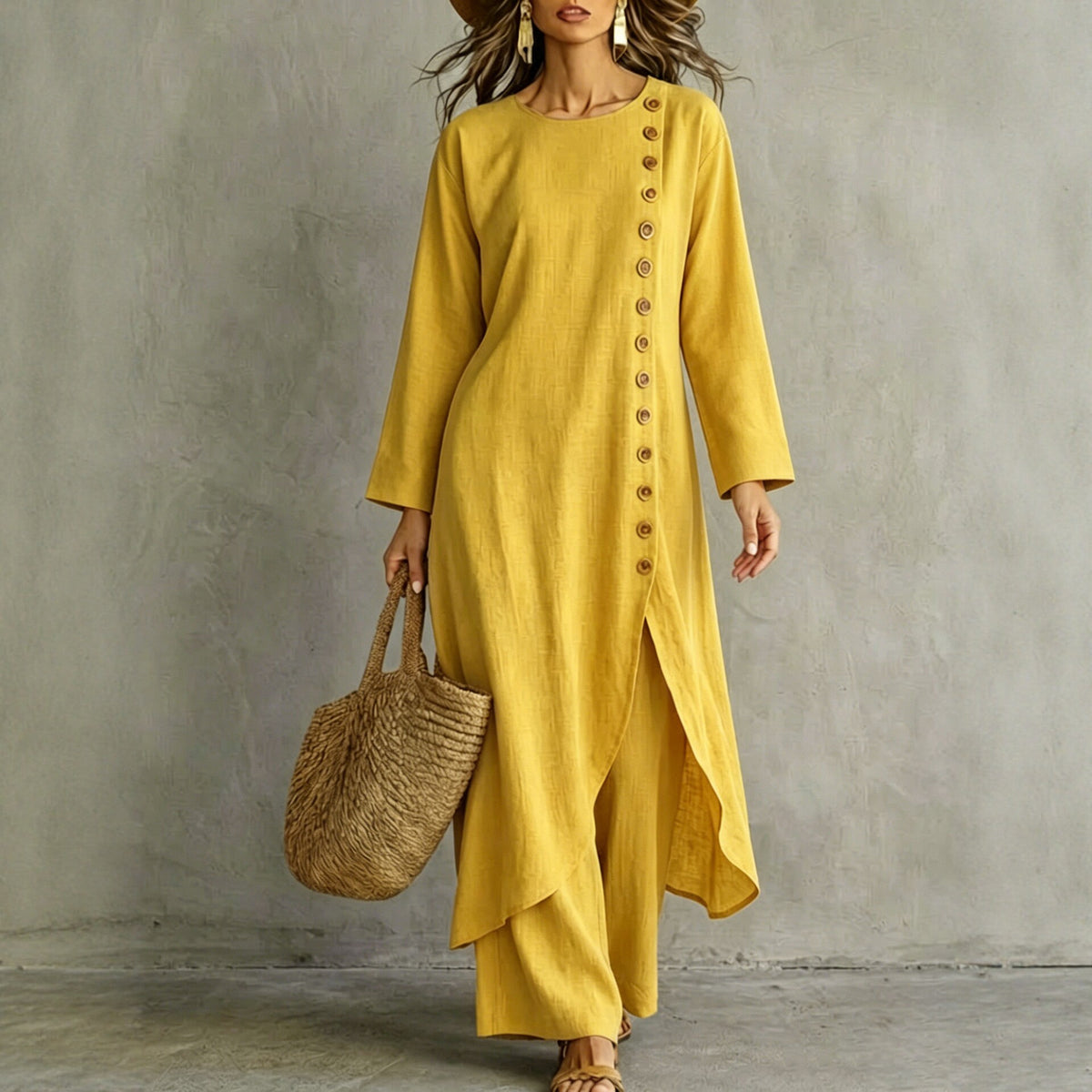 Linen Button Front Tunic Wide Leg Pants Two Piece Set