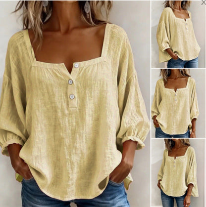 Women's Square Neck Puff Sleeve Button Loose Blouse Top