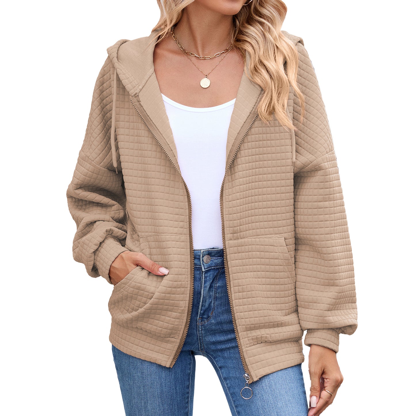 Quilted Zip Up Hooded Jacket Hoodie with Pockets