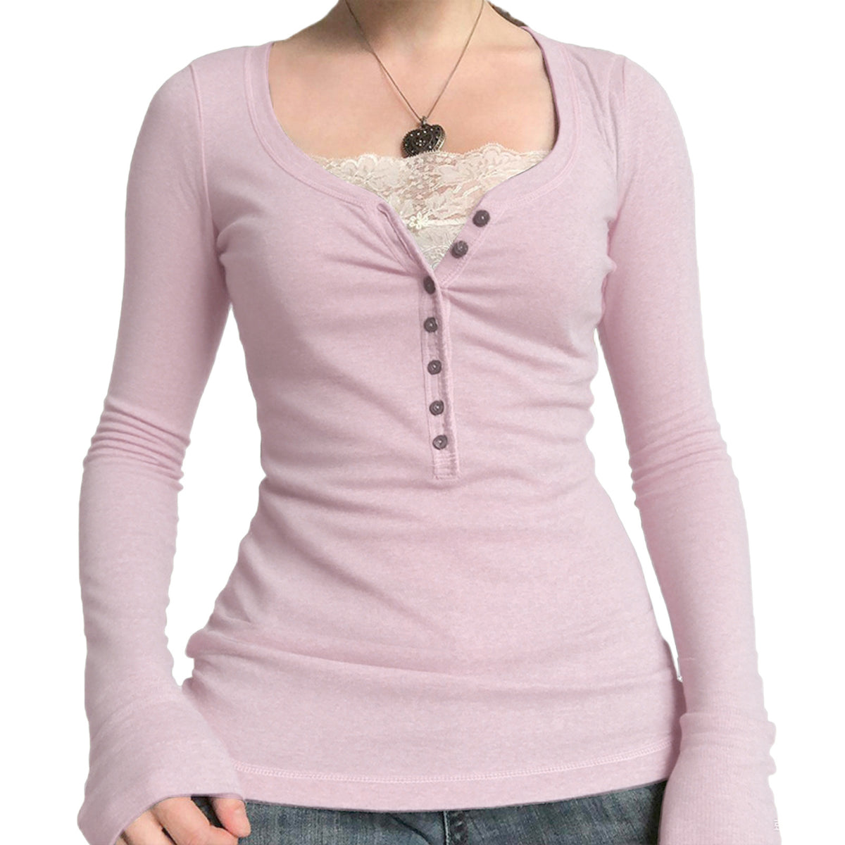 Women's Cotton Lace Trim Henley Long Sleeve Fitted Top
