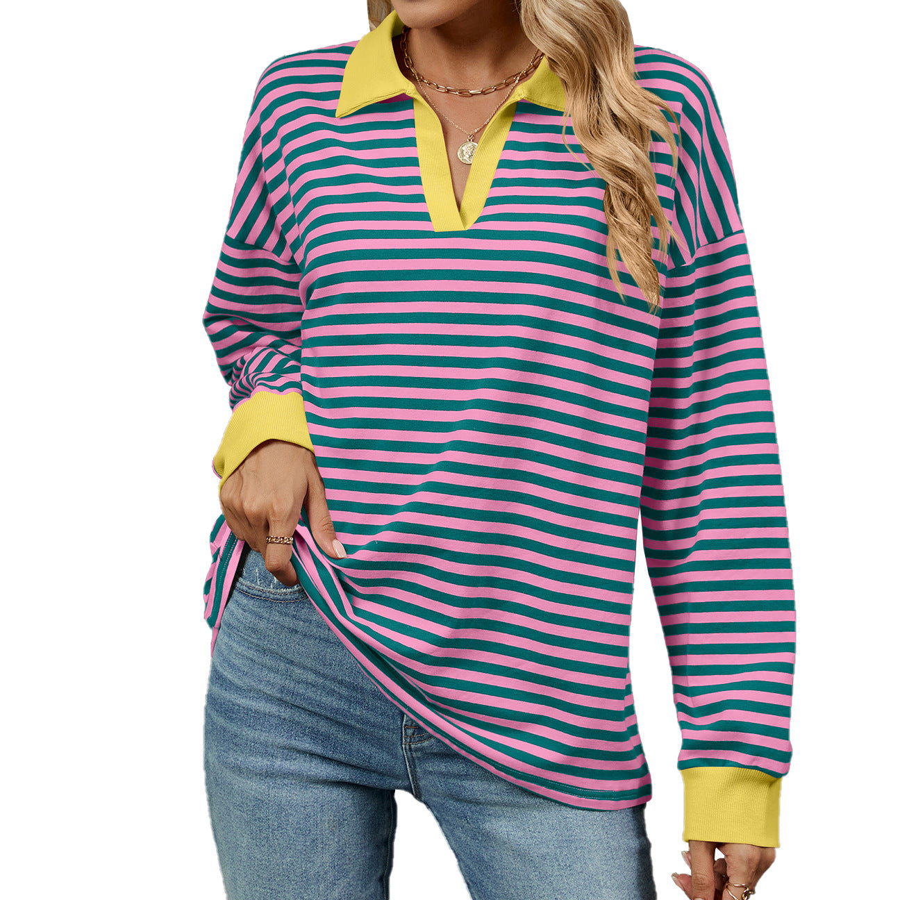 Women's Oversized Striped Collared Sweatshirt Pullover