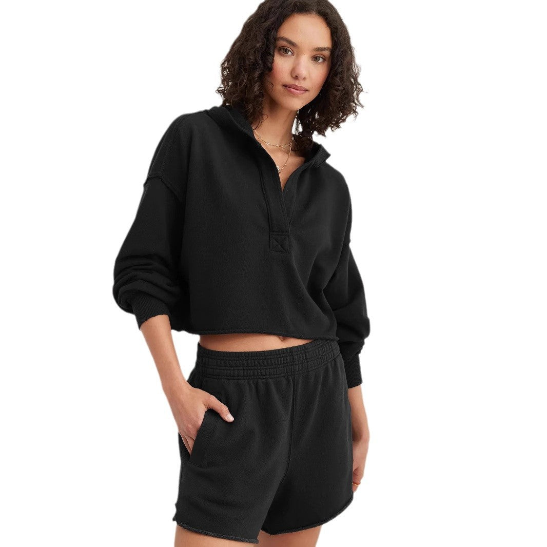 Women's Oversized Cropped Hoodie V-Neck Pullover