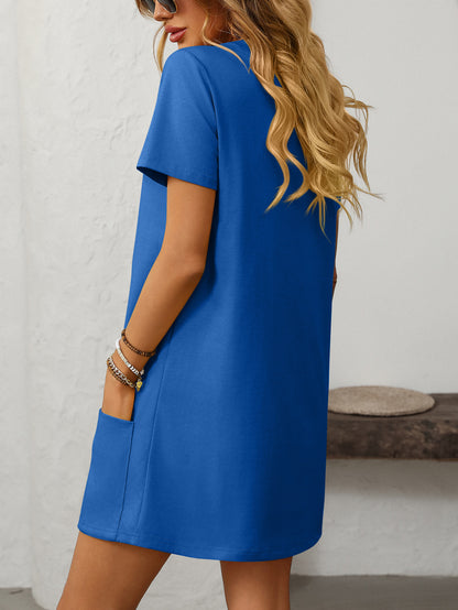 Square Collar Short-Sleeve Casual Pocket Dress