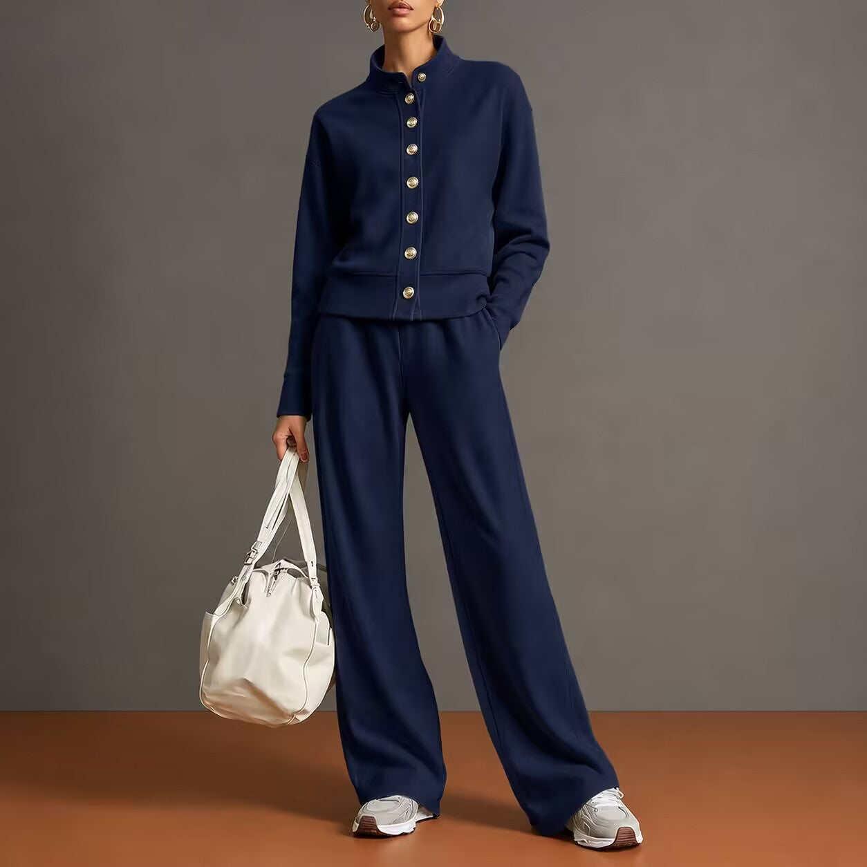 Women's Button Front Sweatshirt Wide Leg Pants Lounge Set