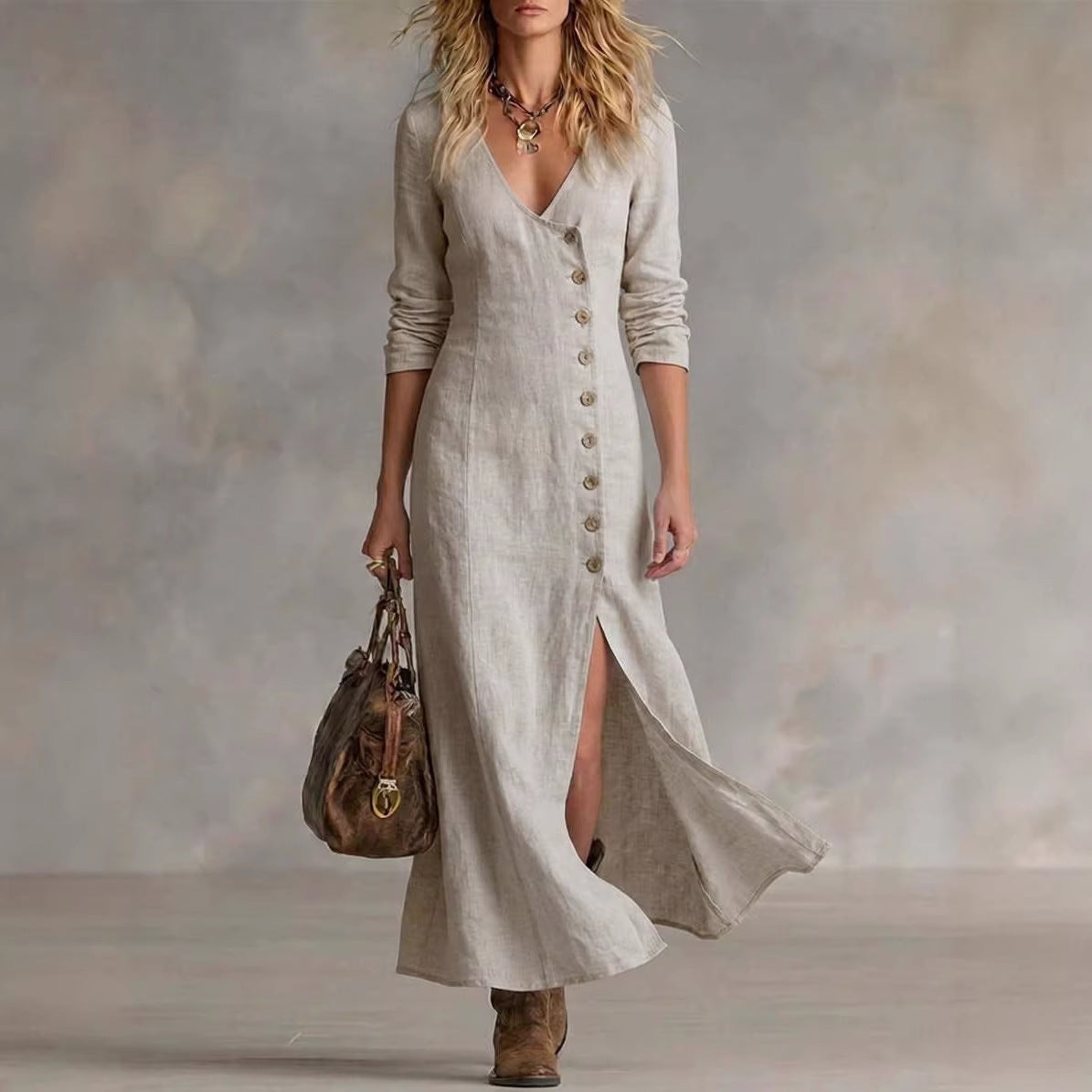 Women's Linen V-Neck Button Front Maxi Dress Slit