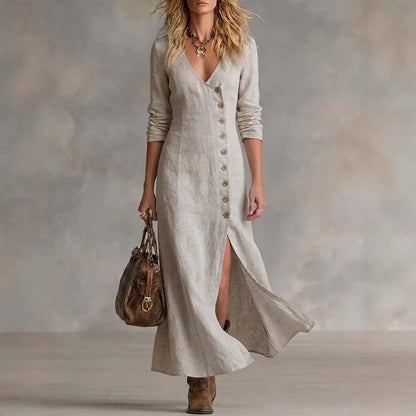 Women's Linen V-Neck Button Front Maxi Dress Slit