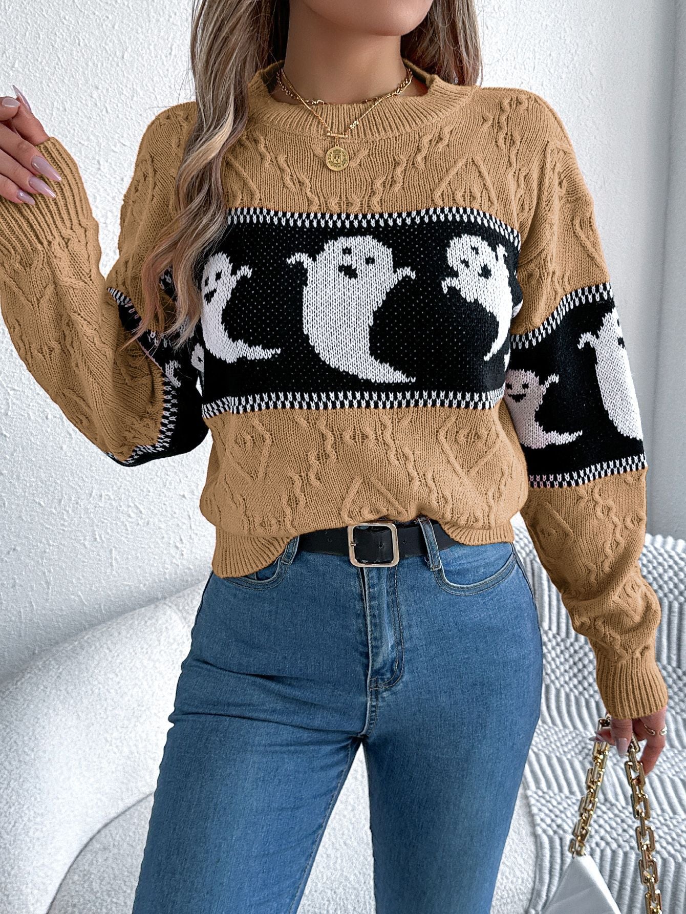 Ghost Print Colorblock Sweater - Halloween Fall Pullover