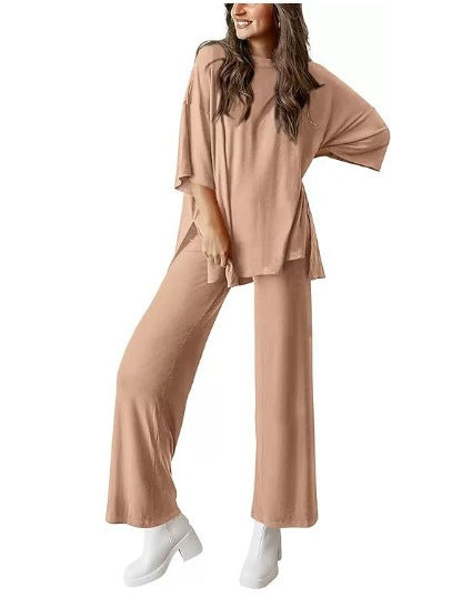 Women's 2 Piece Lounge Set Short Sleeve Top Wide Leg Pants