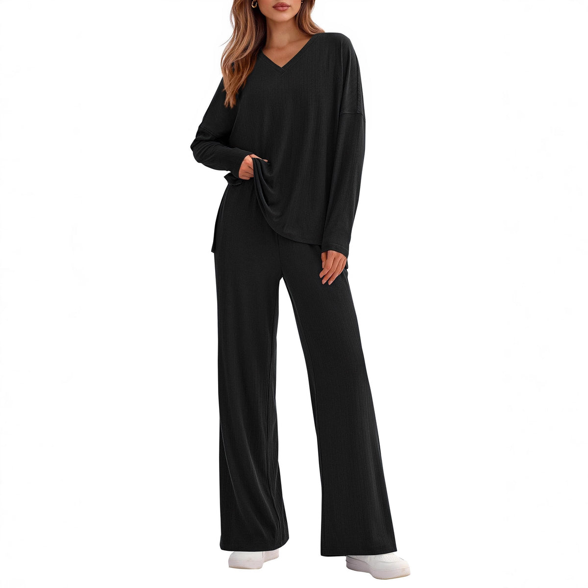 Women's Two Piece Ribbed Lounge Set Wide Leg Pants