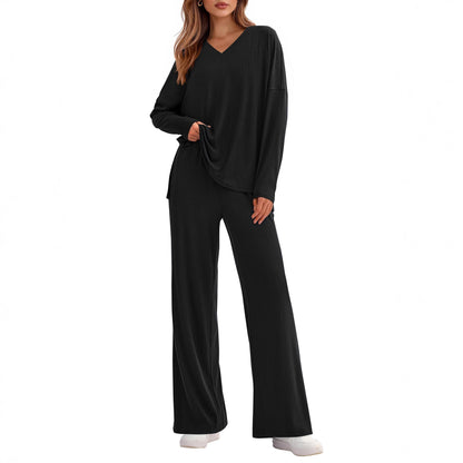 Women's Two Piece Ribbed Lounge Set Wide Leg Pants