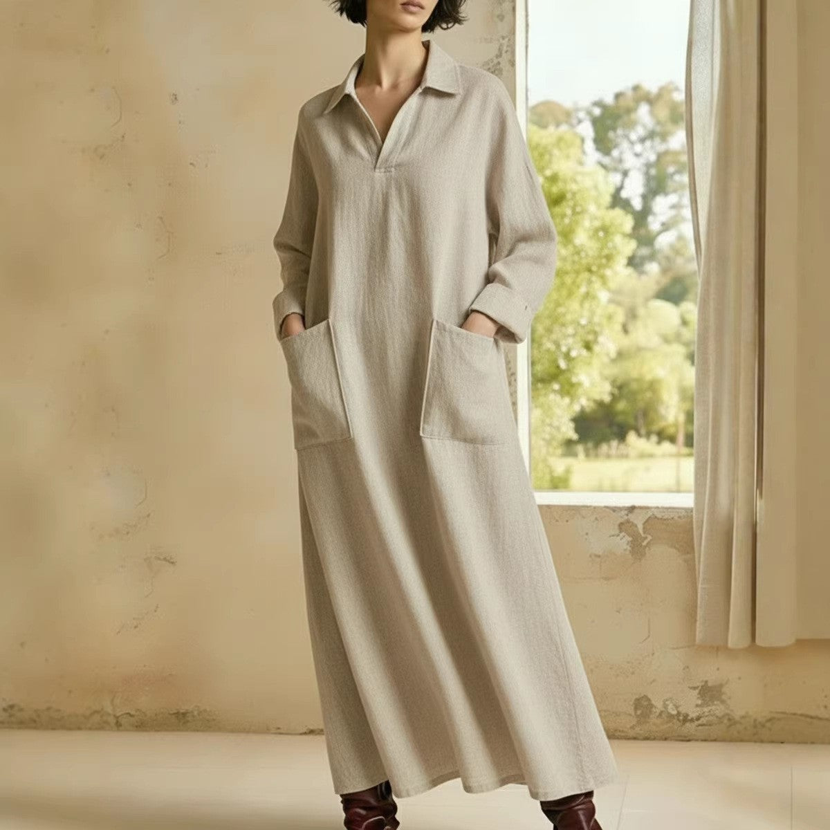 Women's Casual Long Sleeve Polo Maxi Dress with Pockets