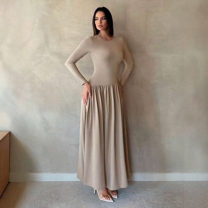 Crew Neck Long Sleeve Fit and Flare Maxi Dress