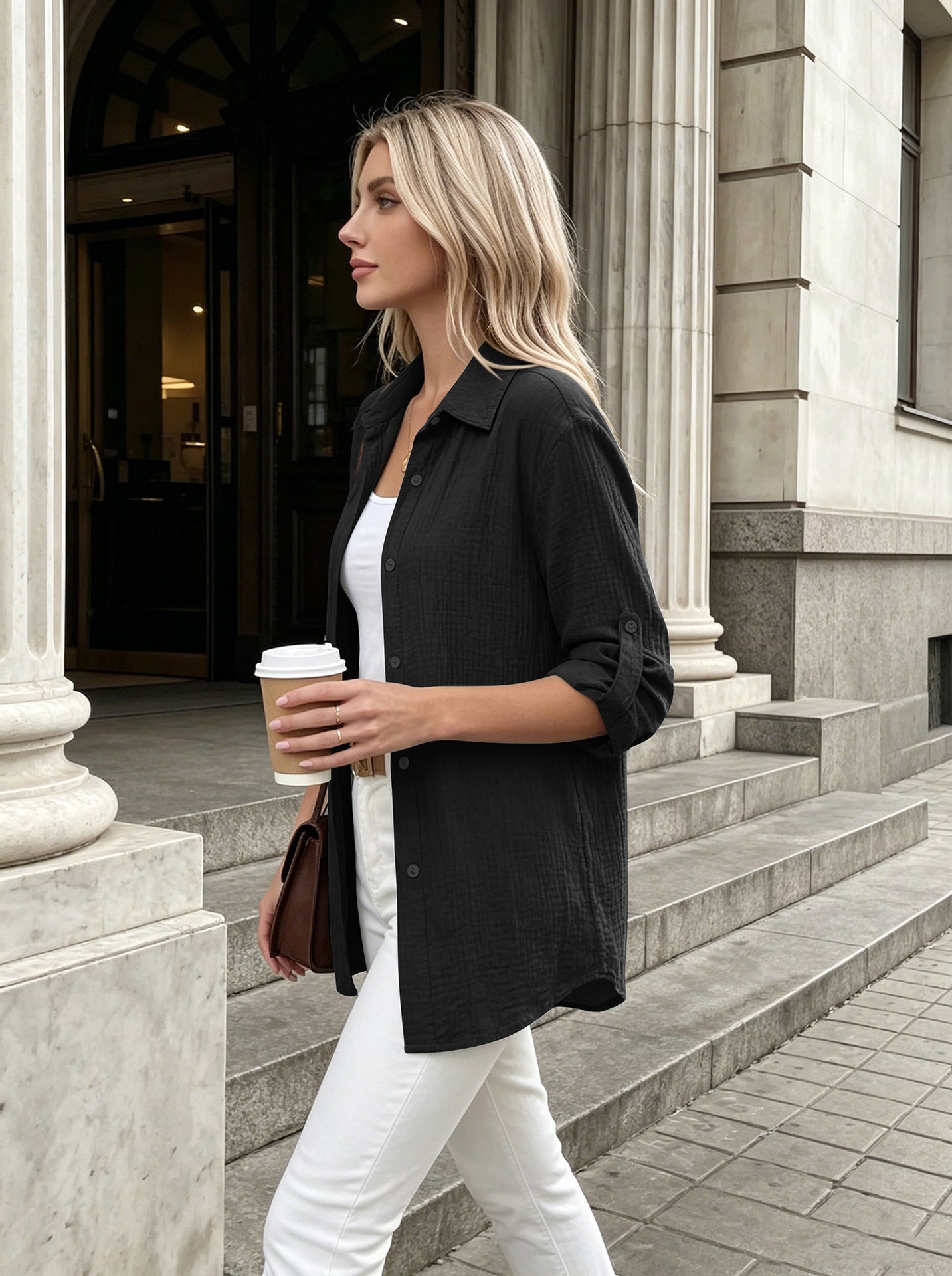 Textured Gauze Button Shirt Roll Tab Sleeve Top