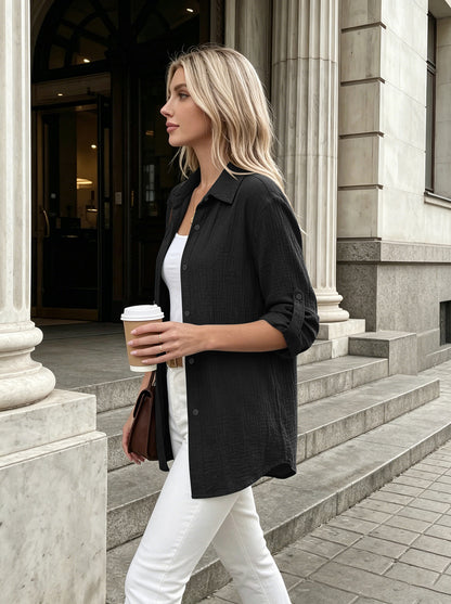 Textured Gauze Button Shirt Roll Tab Sleeve Top