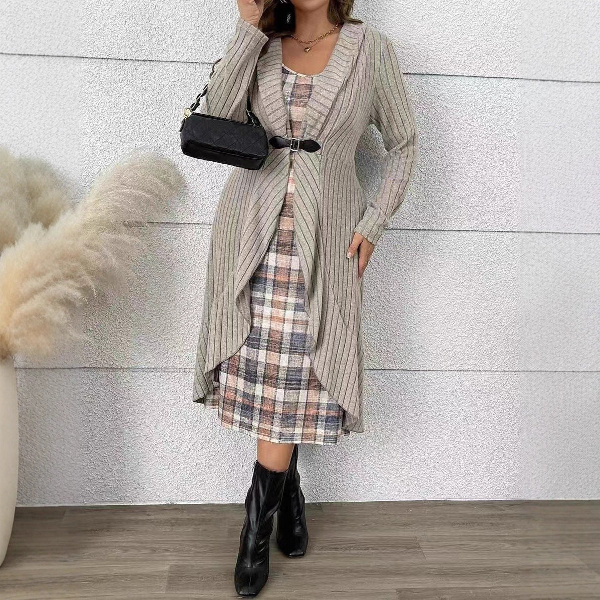 Plaid Dress & Long Knit Cardigan Two Piece Set