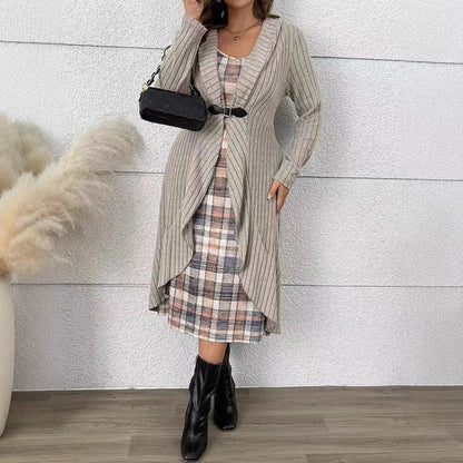 Plaid Dress & Long Knit Cardigan Two Piece Set