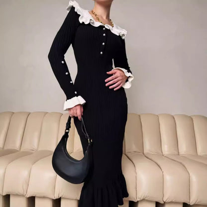 Ruffle Collar Colorblock Knit Bodycon Midi Dress Long Sleeve
