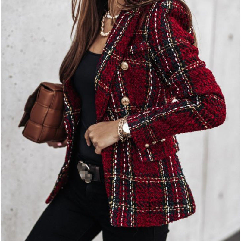 Women's Tweed Plaid Blazer Long Sleeve Jacket
