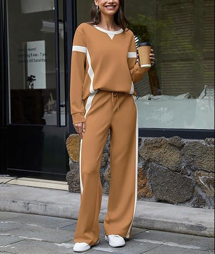 Color Block Sweatshirt Wide Leg Pants Two Piece Set