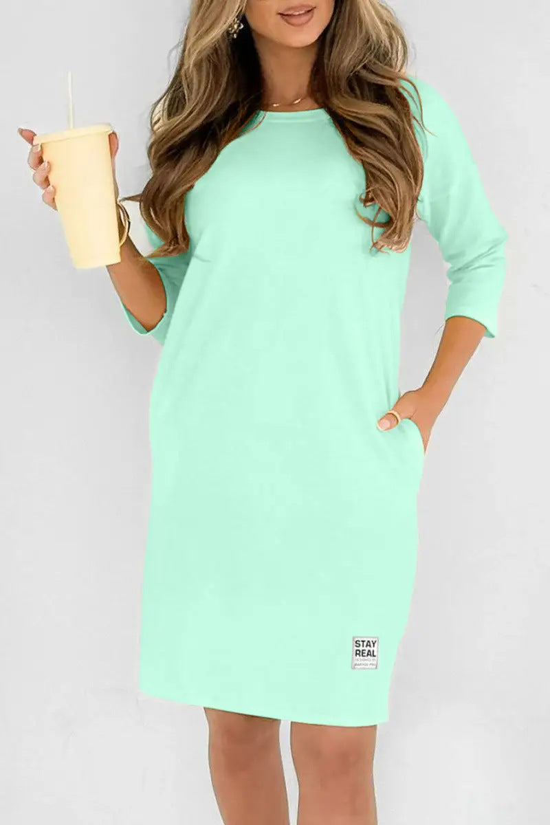 Women's Casual Crewneck Long Sleeve Midi Dress with Pockets