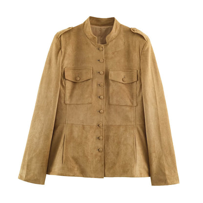 Women's Faux Suede Utility Jacket Button Front Pockets