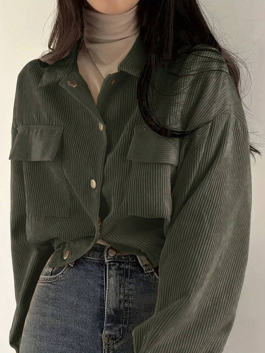 Corduroy Cropped Shacket Snap Front Relaxed Fit