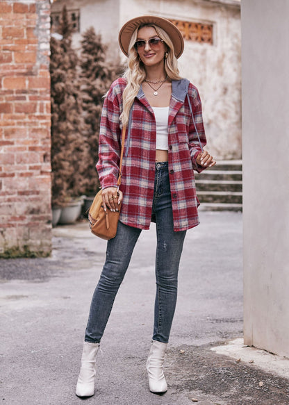Plaid Hooded Shacket Jacket Oversized Fall Flannel Coat