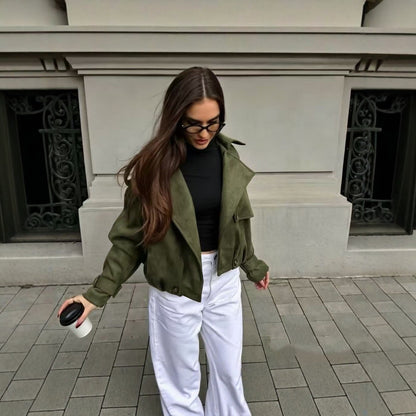 Women's Vintage Cropped Faux Suede Lapel Jacket