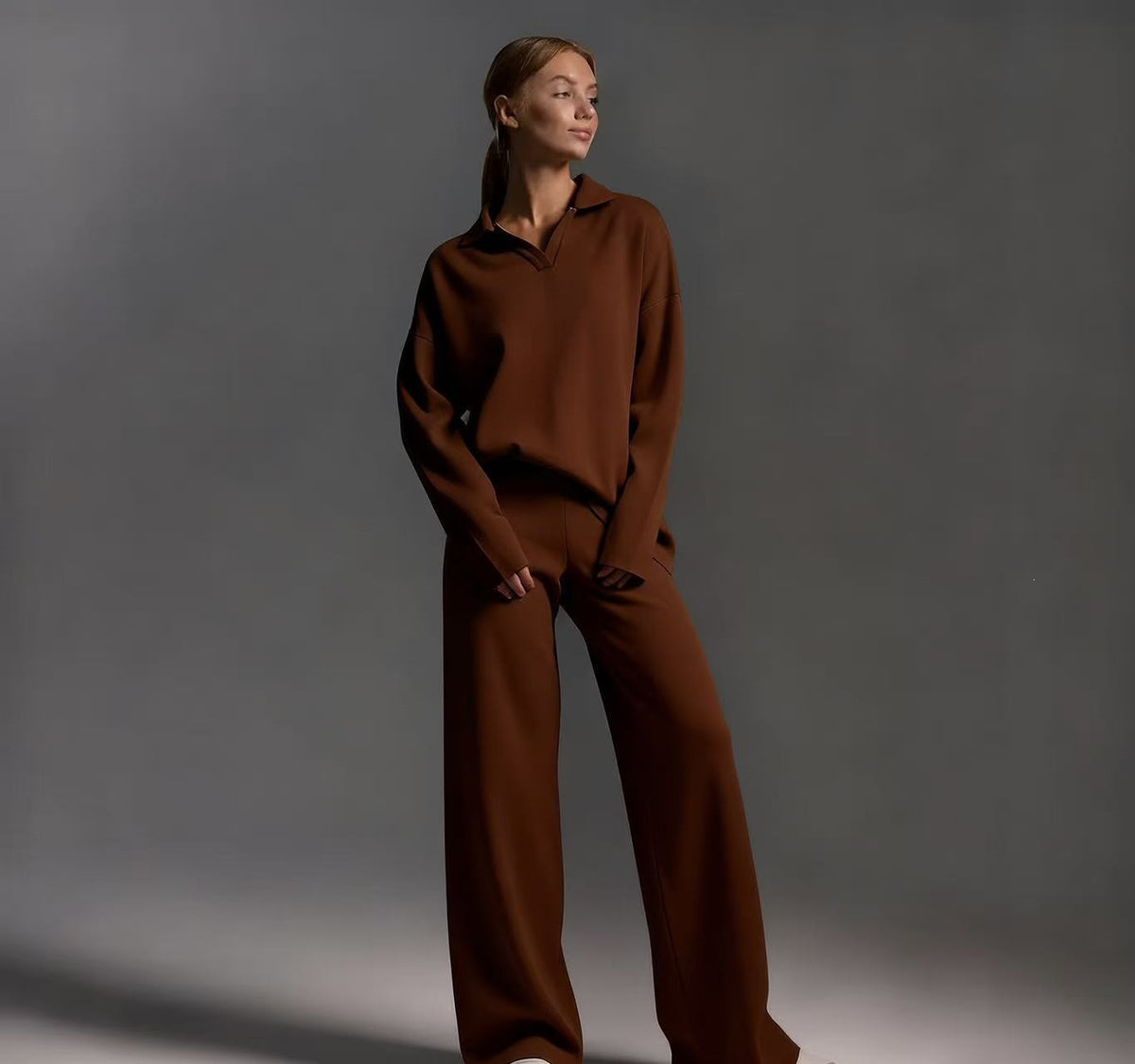 Women's Cozy Polo Top Wide Leg Pants Matching Set