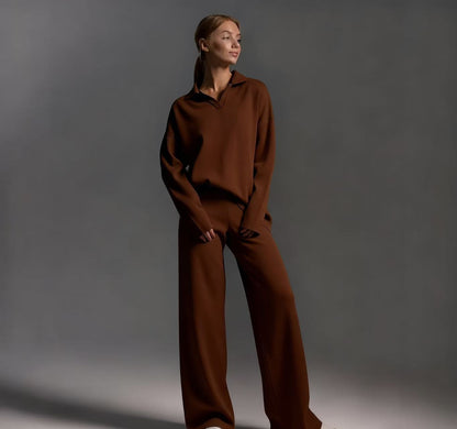 Women's Cozy Polo Top Wide Leg Pants Matching Set