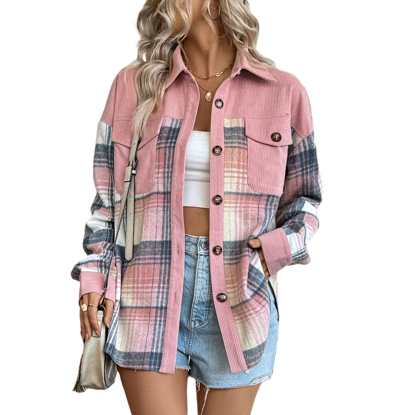 Women's Corduroy Plaid Shacket Oversized Button Up Jacket