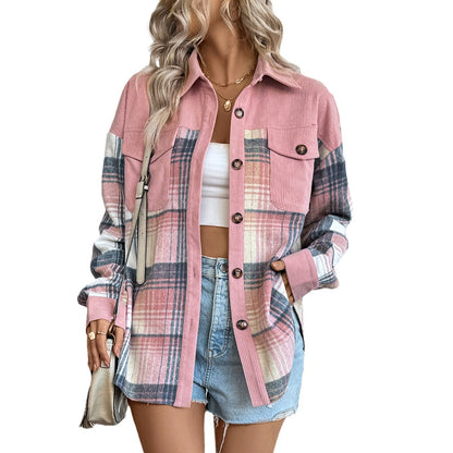 Women's Corduroy Plaid Shacket Oversized Button Up Jacket