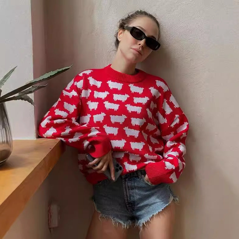Oversized Crewneck Sheep Print Knit Sweater