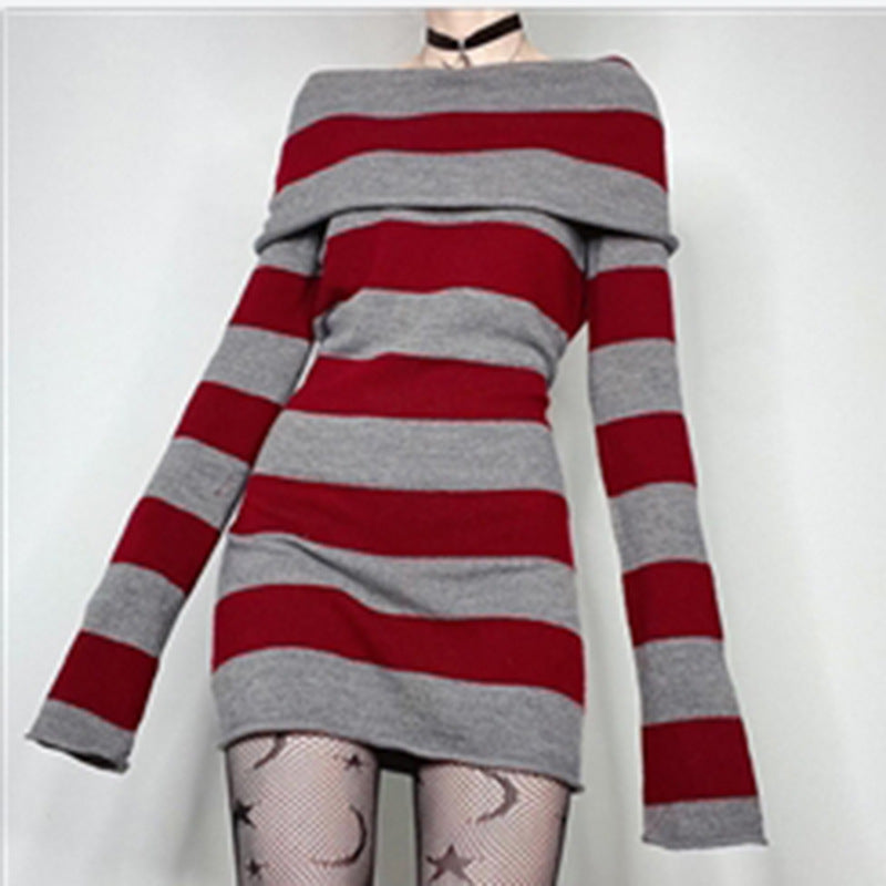 Y2K Striped Off Shoulder Sweater Dress Bodycon Midi