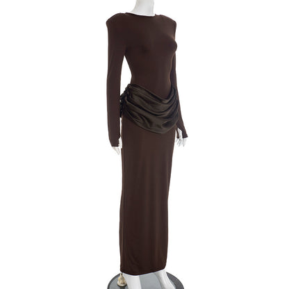 Women's Boat Neck Long Sleeve Ruched Bodycon Maxi Dress