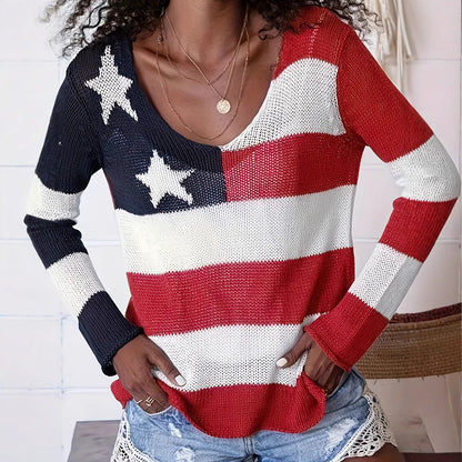 American Flag V-Neck Sweater Women Patriotic Knit Top