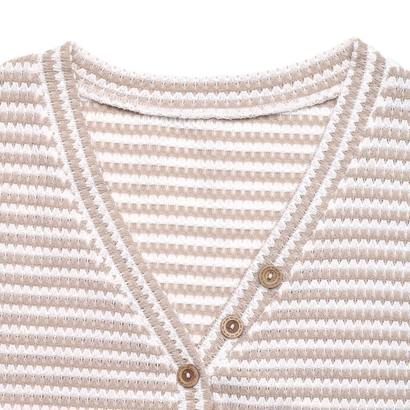 Striped Knit Top V Neck Button Front Casual Sweater Tee
