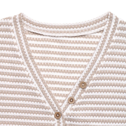 Striped Knit Top V Neck Button Front Casual Sweater Tee