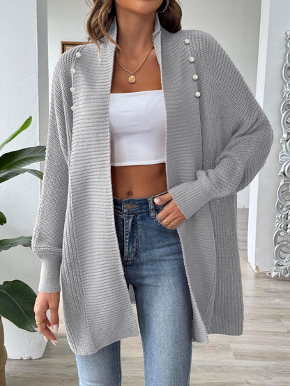 Women's Solid Color Loose Sweater Pearl Bead Women's Cardigan Jacket