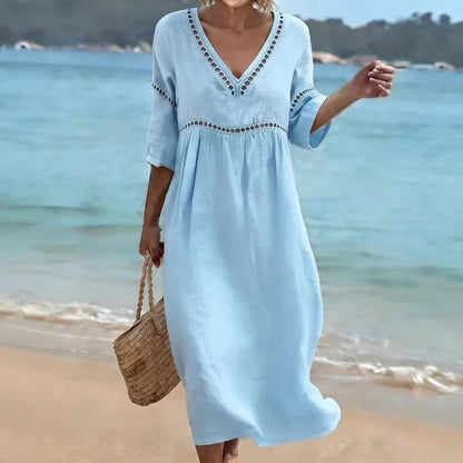 Women's V-Neck Eyelet Midi Dress Flowy 3/4 Sleeve